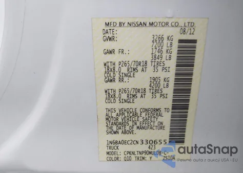 2012 Nissan Titan Sv из США, поврежденный, VIN 1N6BA0EC2CN330655